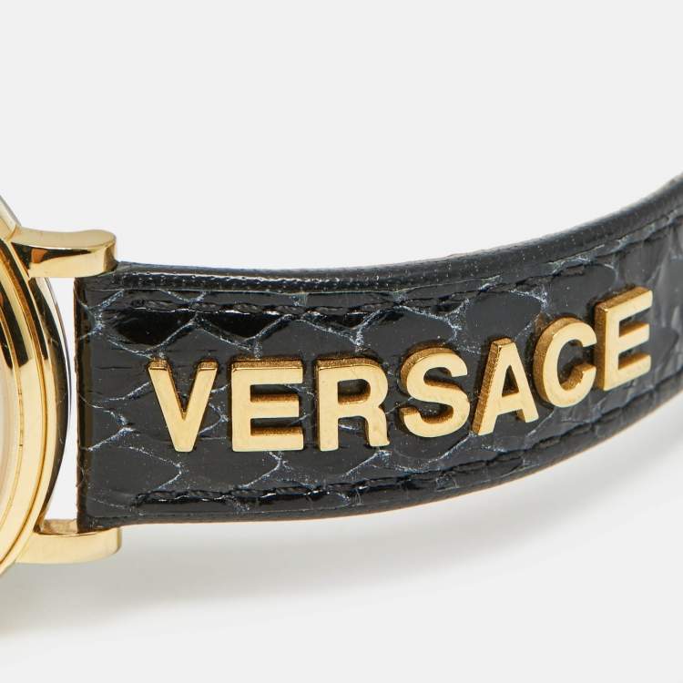 Pre Owned Versace V-Circle VE8101022 Black Dial Gold Tone Stainless Steel Leather Women's Wristwatch 38 mm