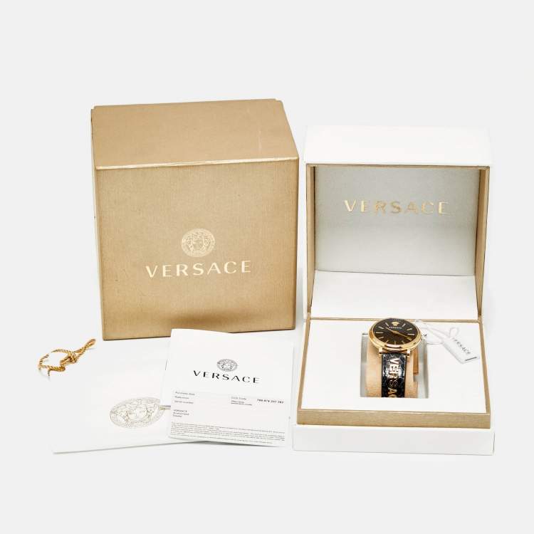 Pre Owned Versace V-Circle VE8101022 Black Dial Gold Tone Stainless Steel Leather Women's Wristwatch 38 mm