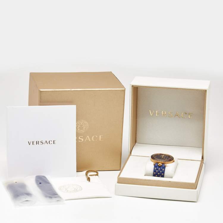 Pre Owned Versace Vanitas VK7040013 Blue Dial Rose Gold PVD Coated Stainless Steel Leather Women's Wristwatch 40 mm