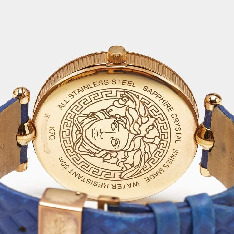 Pre Owned Versace Vanitas VK7040013 Blue Dial Rose Gold PVD Coated Stainless Steel Leather Women's Wristwatch 40 mm