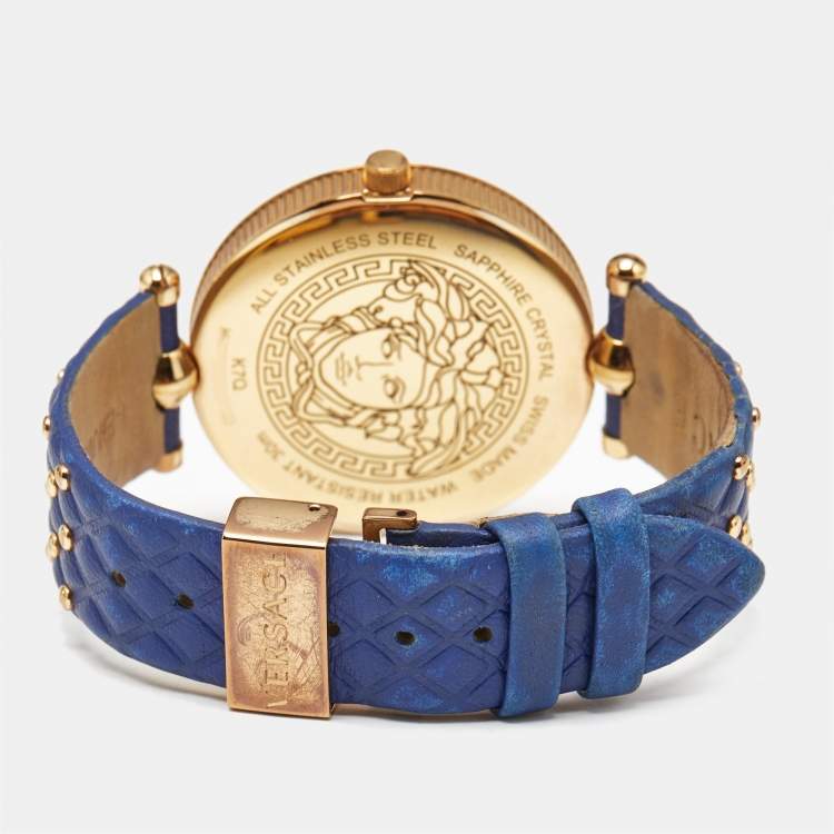 Pre Owned Versace Vanitas VK7040013 Blue Dial Rose Gold PVD Coated Stainless Steel Leather Women's Wristwatch 40 mm