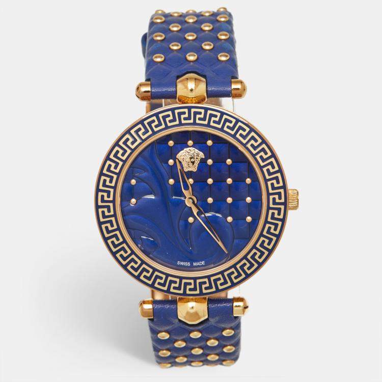 Pre Owned Versace Vanitas VK7040013 Blue Dial Rose Gold PVD Coated Stainless Steel Leather Women's Wristwatch 40 mm