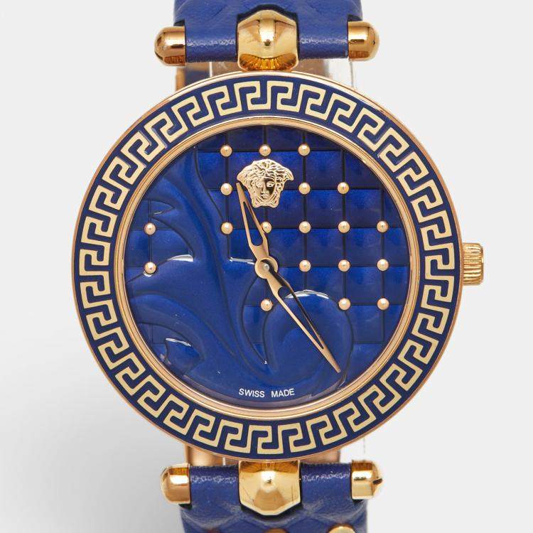 Pre Owned Versace Vanitas VK7040013 Blue Dial Rose Gold PVD Coated Stainless Steel Leather Women's Wristwatch 40 mm