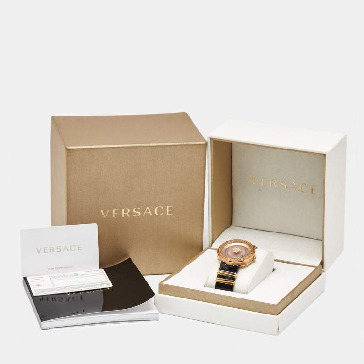 Pre Owned Versace V-Metal VLC030014 Champagne Dial Black Patent Leather Women's Wristwatch 40 mm