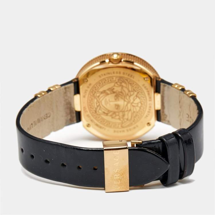 Pre Owned Versace V-Metal VLC030014 Champagne Dial Black Patent Leather Women's Wristwatch 40 mm