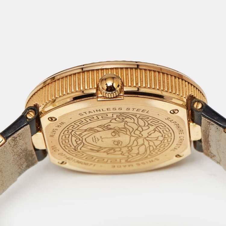 Pre Owned Versace V-Metal VLC030014 Champagne Dial Black Patent Leather Women's Wristwatch 40 mm