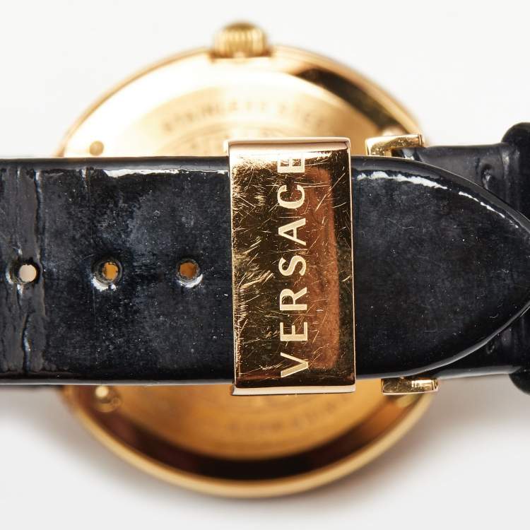 Pre Owned Versace V-Metal VLC030014 Champagne Dial Black Patent Leather Women's Wristwatch 40 mm