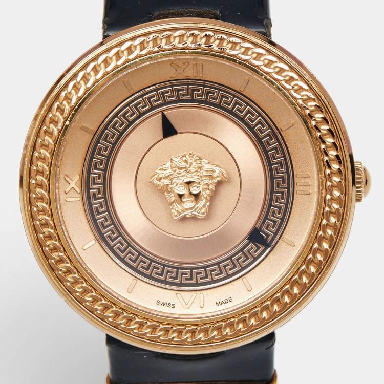 Pre Owned Versace V-Metal VLC030014 Champagne Dial Black Patent Leather Women's Wristwatch 40 mm