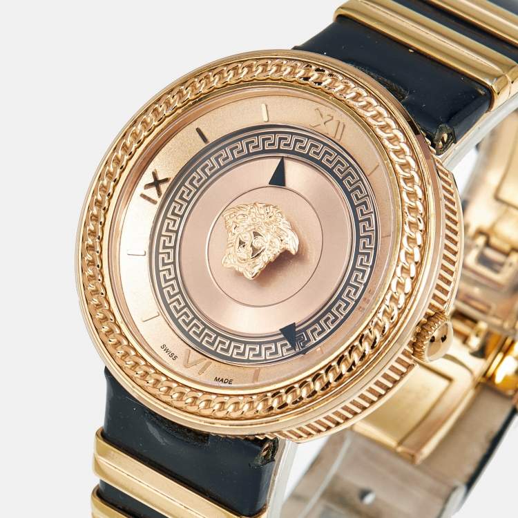 Pre Owned Versace V-Metal VLC030014 Champagne Dial Black Patent Leather Women's Wristwatch 40 mm