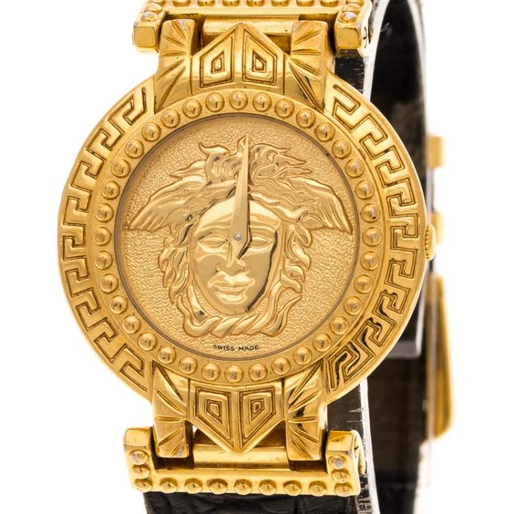 Pre Owned Gianni Versace Signature Medusa Gold Plated Leather Women's Wristwatch 30MM