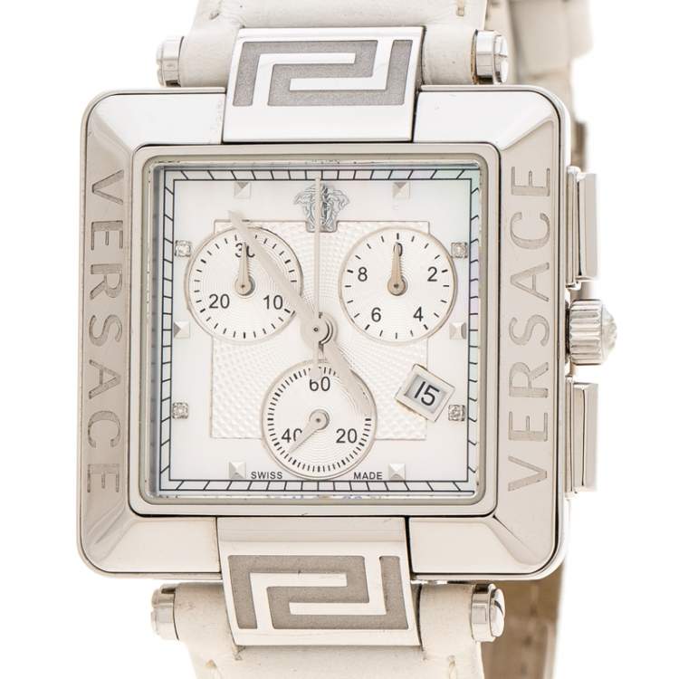Pre Owned Versace White Stainless Steel Reve Carre 88Q Chronograph Women's Wristwatch 36 mm
