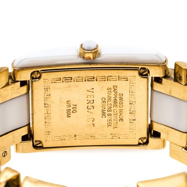 Pre Owned Versace White Ceramic Gold Stainless Steel Diamonds Era 70Q Women's Wristwatch 24 mm