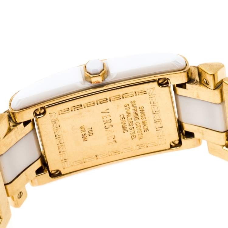 Pre Owned Versace White Ceramic Gold Stainless Steel Diamonds Era 70Q Women's Wristwatch 24 mm
