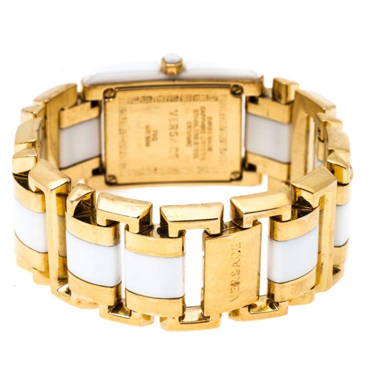 Pre Owned Versace White Ceramic Gold Stainless Steel Diamonds Era 70Q Women's Wristwatch 24 mm