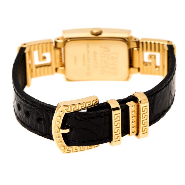 Pre Owned Gianni Versace Black Gold Plated Signature Medusa 7009017 Women's Wristwatch 20 mm