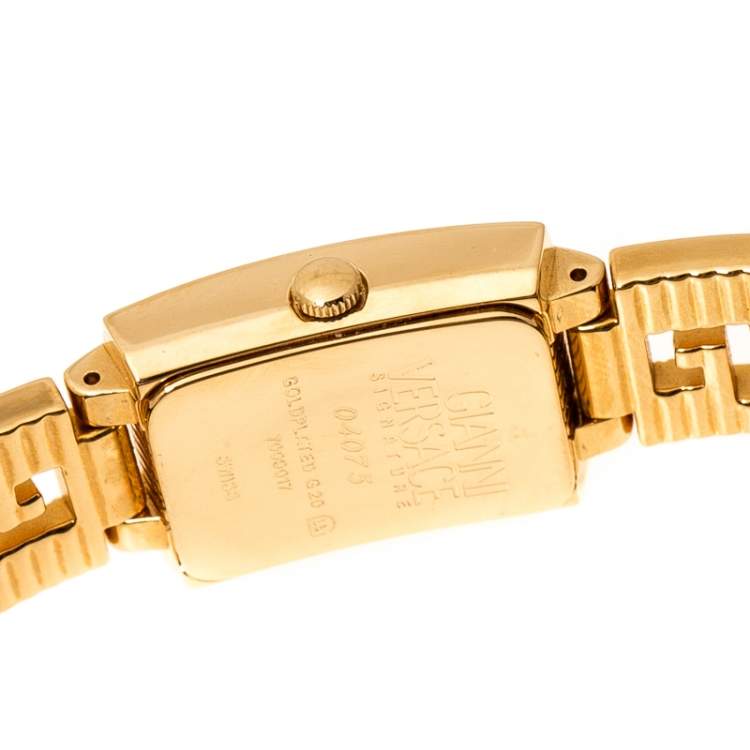 Pre Owned Gianni Versace Black Gold Plated Signature Medusa 7009017 Women's Wristwatch 20 mm