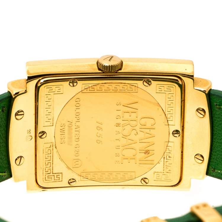 Pre Owned Gianni Versace Green Gold Plated Signature Medusa 7066927 Women's Wristwatch 28 mm