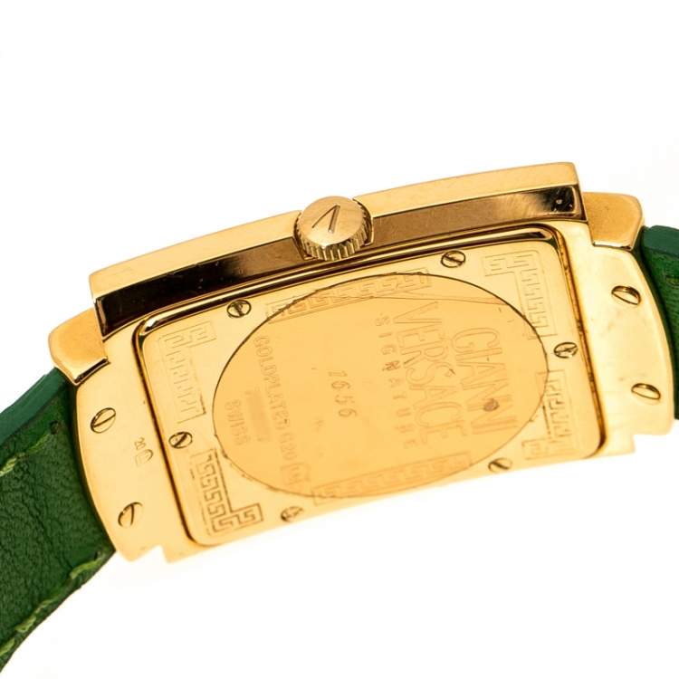 Pre Owned Gianni Versace Green Gold Plated Signature Medusa 7066927 Women's Wristwatch 28 mm