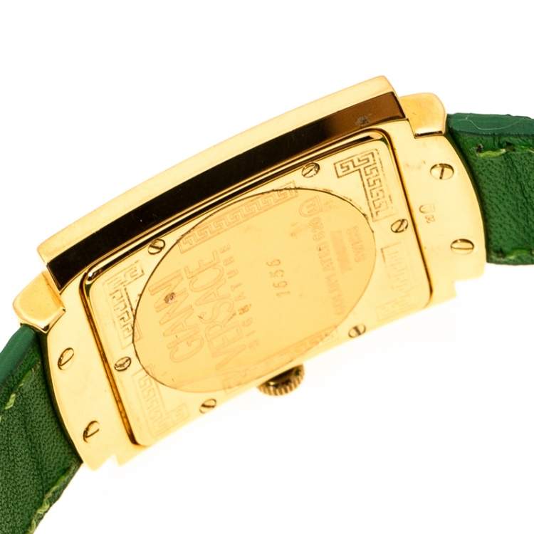 Pre Owned Gianni Versace Green Gold Plated Signature Medusa 7066927 Women's Wristwatch 28 mm
