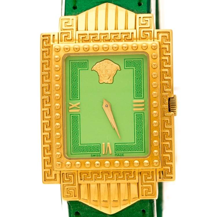 Pre Owned Gianni Versace Green Gold Plated Signature Medusa 7066927 Women's Wristwatch 28 mm