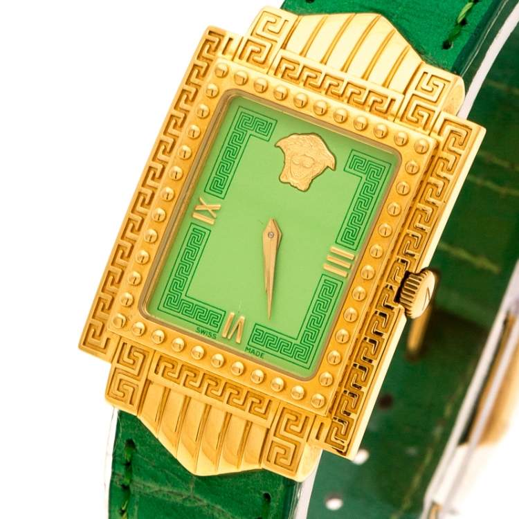 Pre Owned Gianni Versace Green Gold Plated Signature Medusa 7066927 Women's Wristwatch 28 mm