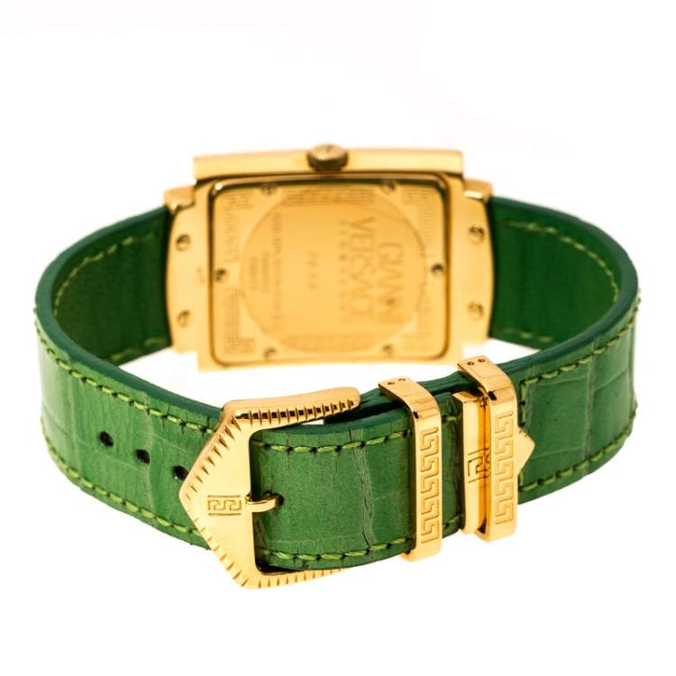 Pre Owned Gianni Versace Green Gold Plated Signature Medusa 7066927 Women's Wristwatch 28 mm