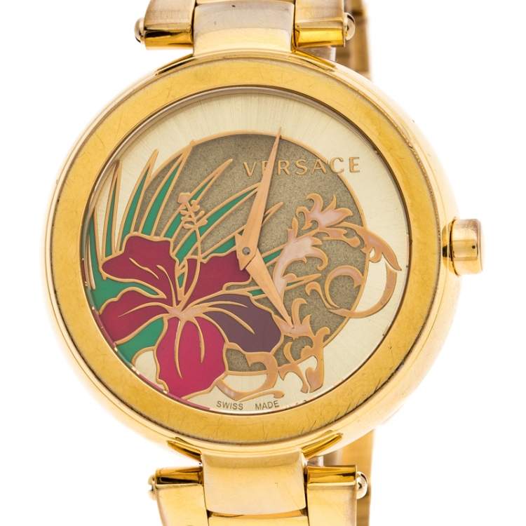 Pre Owned Versace Gold Plated Stainless Steel Mystique Hibiscus Women's Wristwatch 38MM