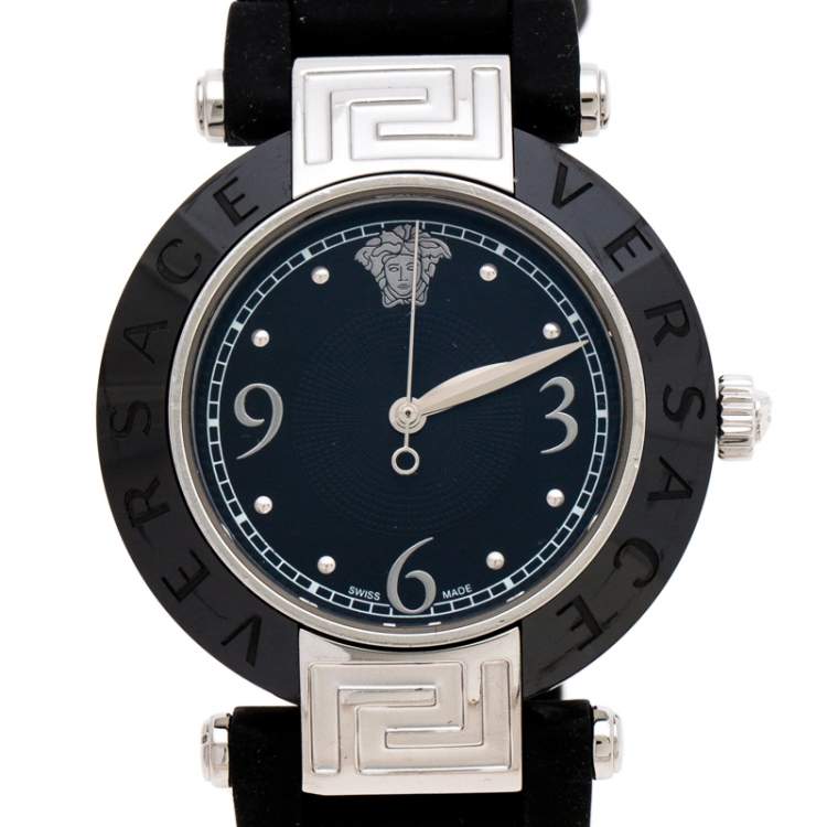 Pre Owned Versace Black Ceramic Stainless Steel Rubber Reve 92Q Women's Wristwatch 35 mm
