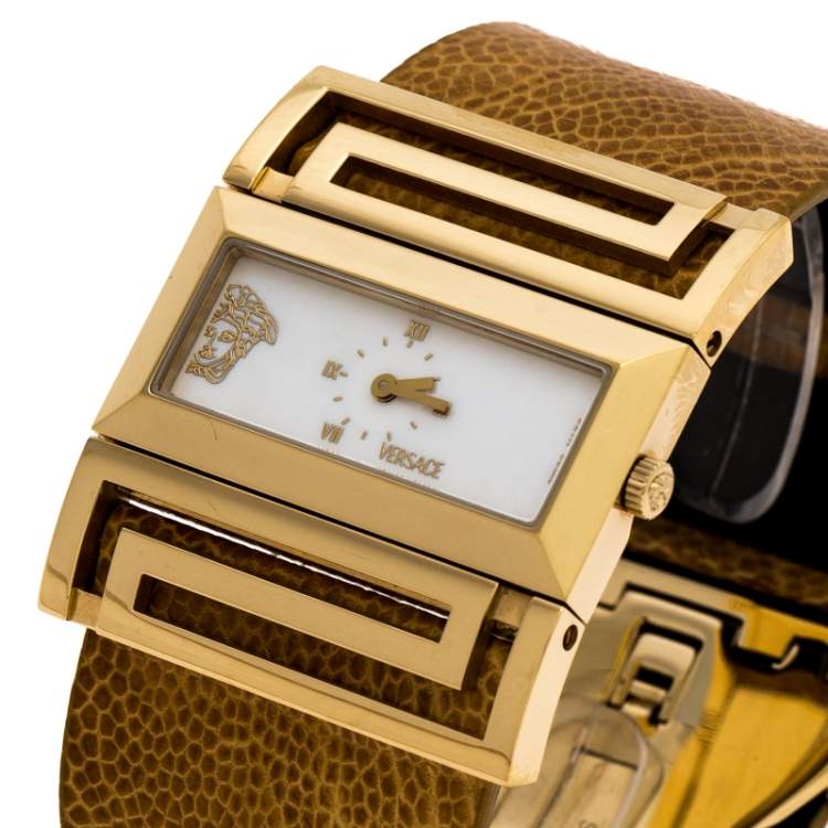 Pre Owned Versace Mother of Pearl Gold Plated Stainless Steel Leather Beauville VSQ90 Women's Wristwatch 38 mm