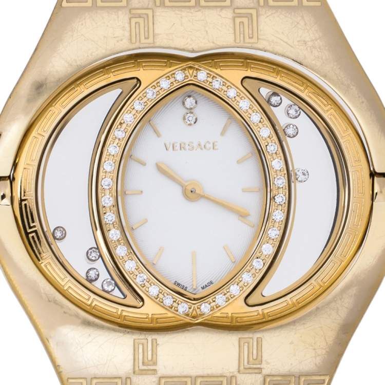 مملوكة مسبقًا Versace White Opaline Yellow Gold Plated Stainless Steel Diamonds Eclissi 83Q Women's Wristwatch 39 mm