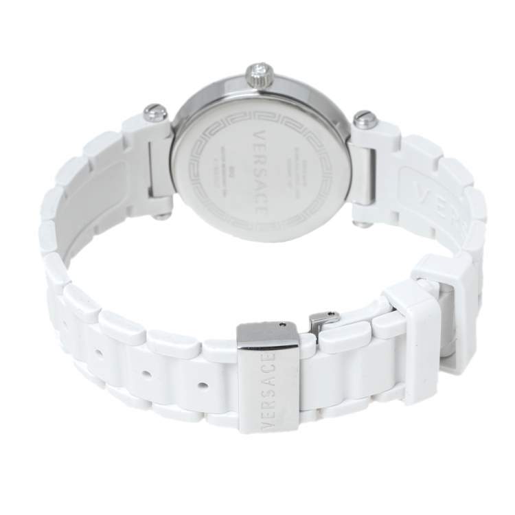 Pre Owned Versace White Mother Of Pearl White Ceramic Stainless Steel Rubber Reve 92Q Women's Wristwatch 35 mm