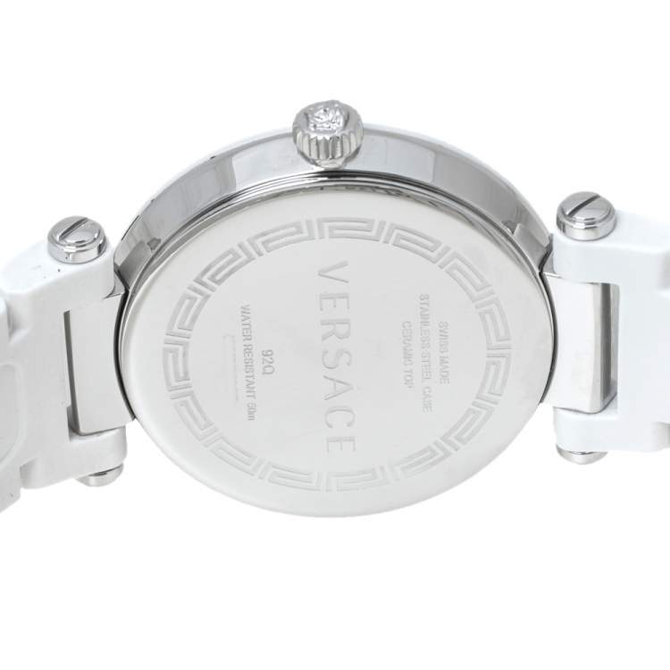 Pre Owned Versace White Mother Of Pearl White Ceramic Stainless Steel Rubber Reve 92Q Women's Wristwatch 35 mm