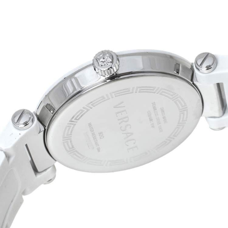 Pre Owned Versace White Mother Of Pearl White Ceramic Stainless Steel Rubber Reve 92Q Women's Wristwatch 35 mm