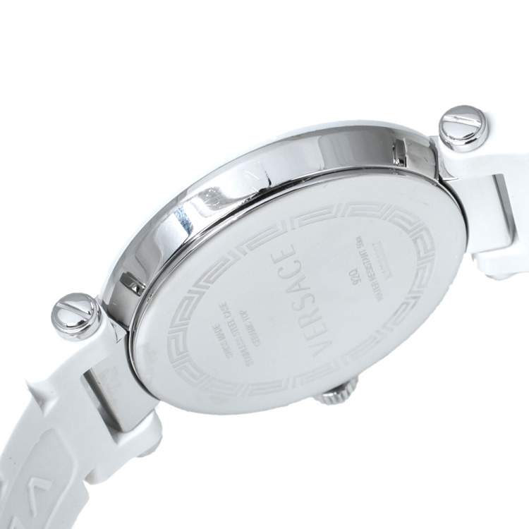 Pre Owned Versace White Mother Of Pearl White Ceramic Stainless Steel Rubber Reve 92Q Women's Wristwatch 35 mm