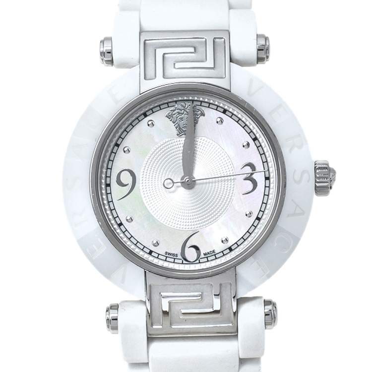 Pre Owned Versace White Mother Of Pearl White Ceramic Stainless Steel Rubber Reve 92Q Women's Wristwatch 35 mm