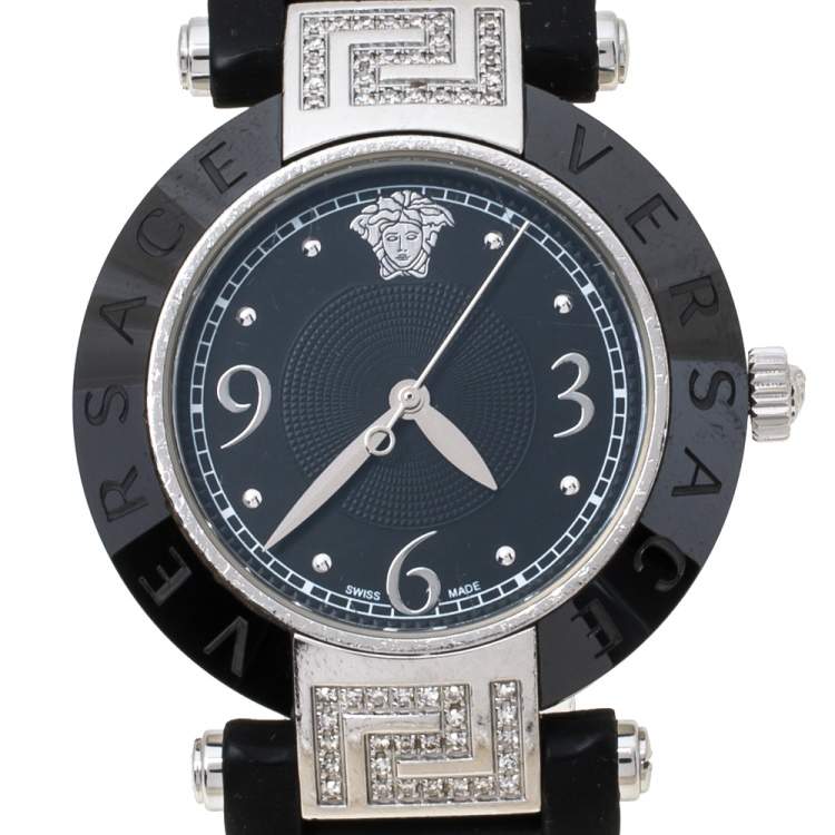 مملوكة مسبقًا Versace Black Ceramic and Stainless Steel Diamond Reve 92Q Women's Wristwatch 35 mm