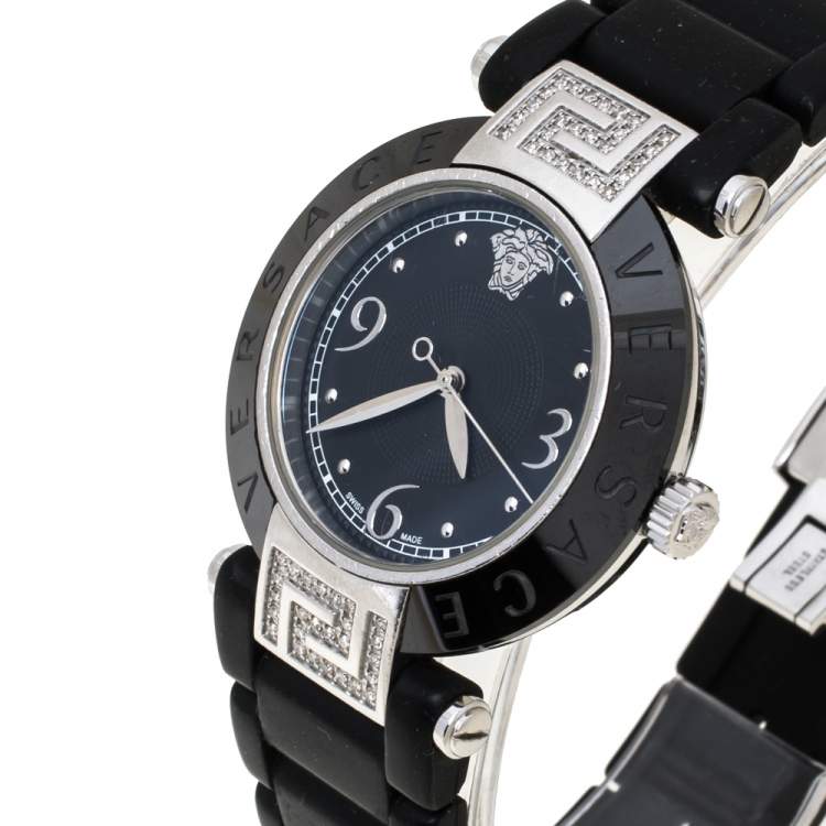 مملوكة مسبقًا Versace Black Ceramic and Stainless Steel Diamond Reve 92Q Women's Wristwatch 35 mm