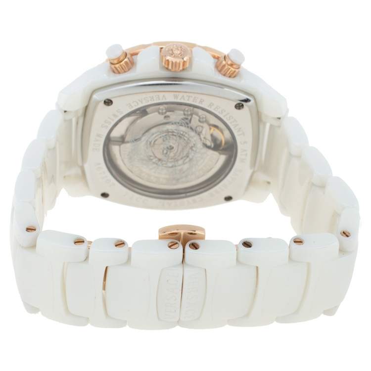 Pre Owned Versace White Ceramic Rose Gold Plated Stainless Steel Diamond DV One 11CC Unisex Wristwatch 40 mm