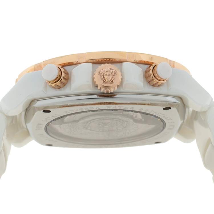 Pre Owned Versace White Ceramic Rose Gold Plated Stainless Steel Diamond DV One 11CC Unisex Wristwatch 40 mm