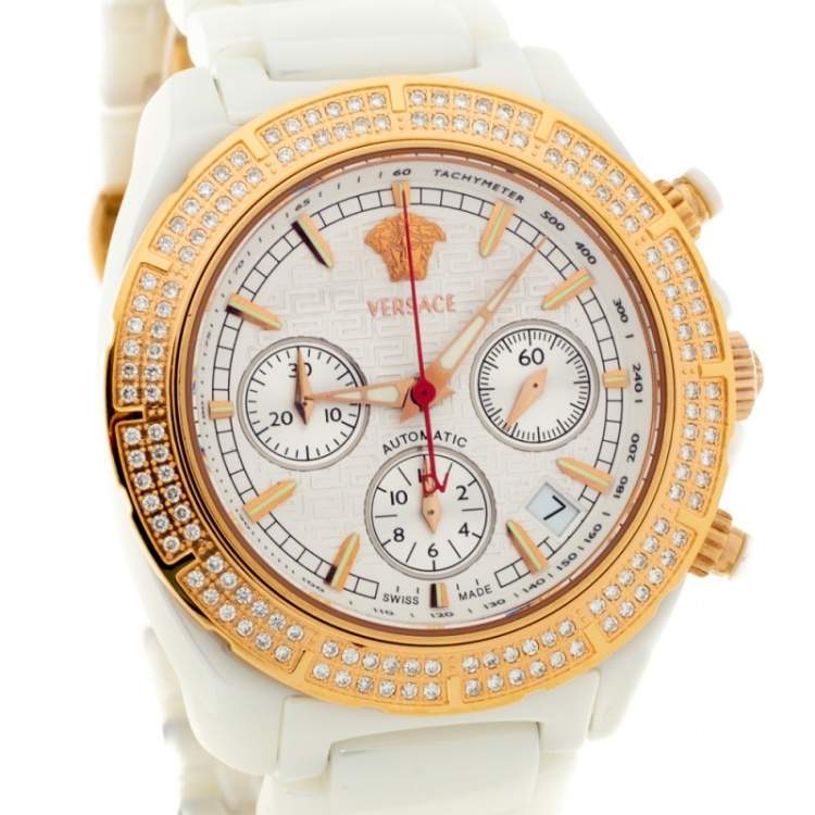 Pre Owned Versace White Ceramic Rose Gold Plated Stainless Steel Diamond DV One 11CC Unisex Wristwatch 40 mm