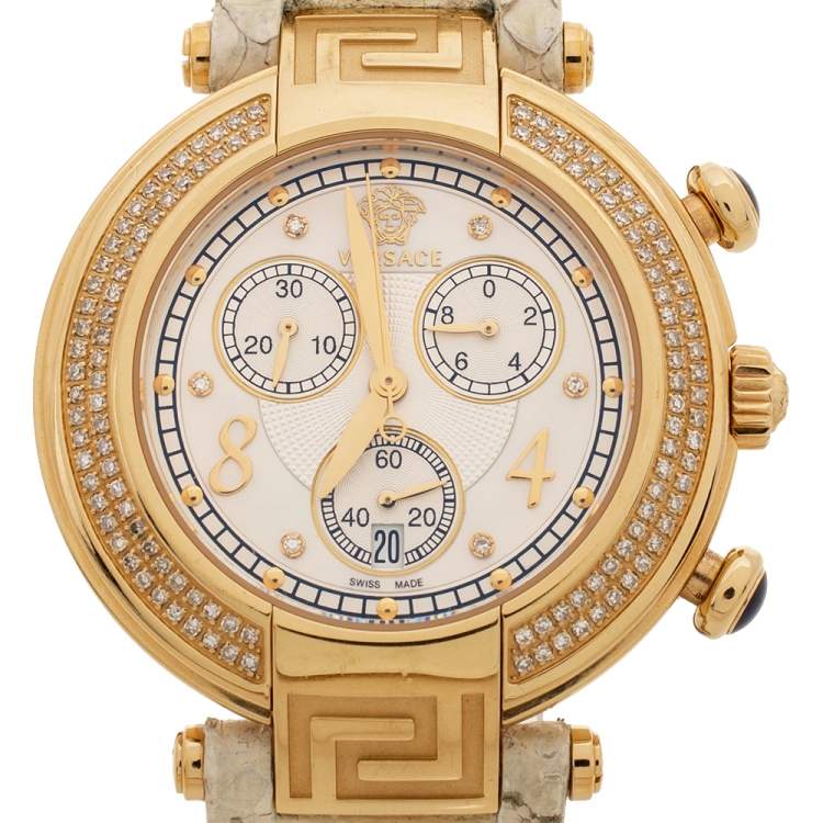 Pre Owned Versace White Mother of Pearl Gold Plated Steel Diamond Python Leather Reve 68C Women's Wristwatch 40 mm