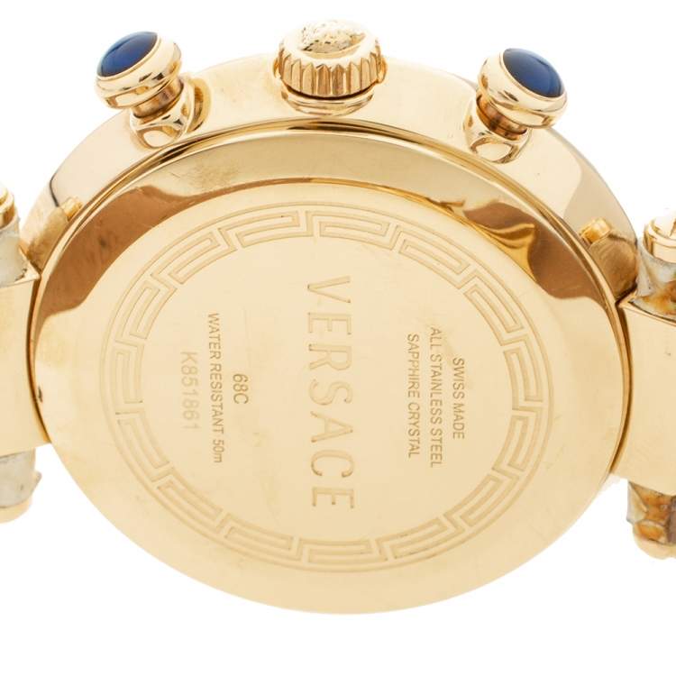 Pre Owned Versace White Mother of Pearl Gold Plated Steel Diamond Python Leather Reve 68C Women's Wristwatch 40 mm