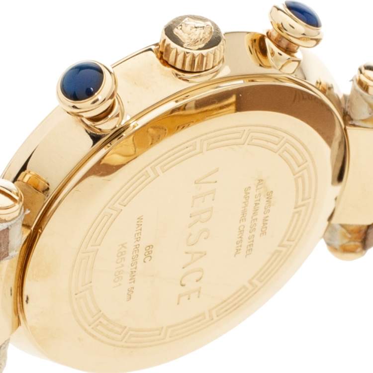 Pre Owned Versace White Mother of Pearl Gold Plated Steel Diamond Python Leather Reve 68C Women's Wristwatch 40 mm