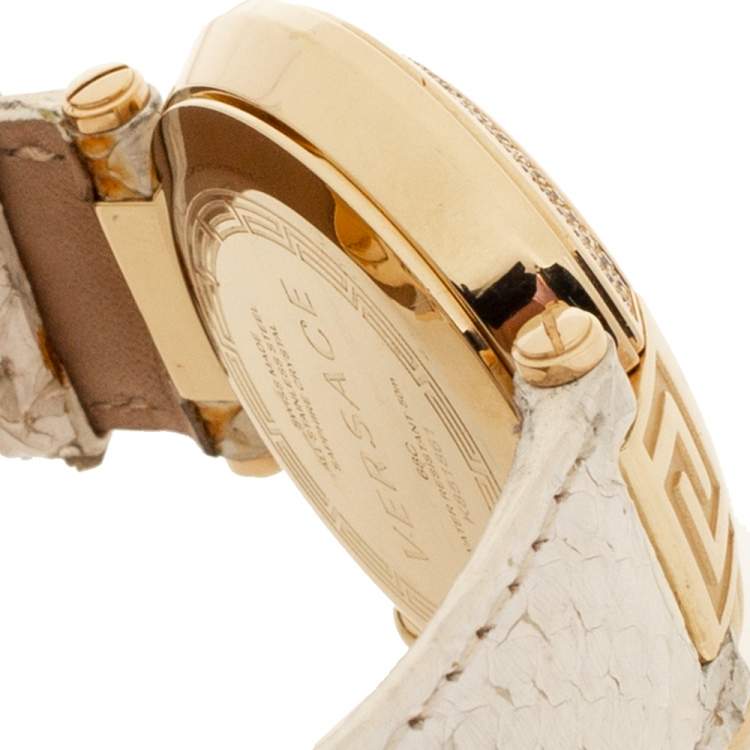 Pre Owned Versace White Mother of Pearl Gold Plated Steel Diamond Python Leather Reve 68C Women's Wristwatch 40 mm
