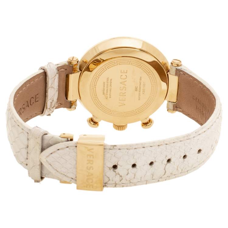 Pre Owned Versace White Mother of Pearl Gold Plated Steel Diamond Python Leather Reve 68C Women's Wristwatch 40 mm