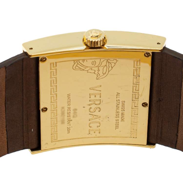 Pre Owned Versace White Yellow Gold Tone Stainless Steel V-Greca 64Q Women's Wristwatch 36 mm