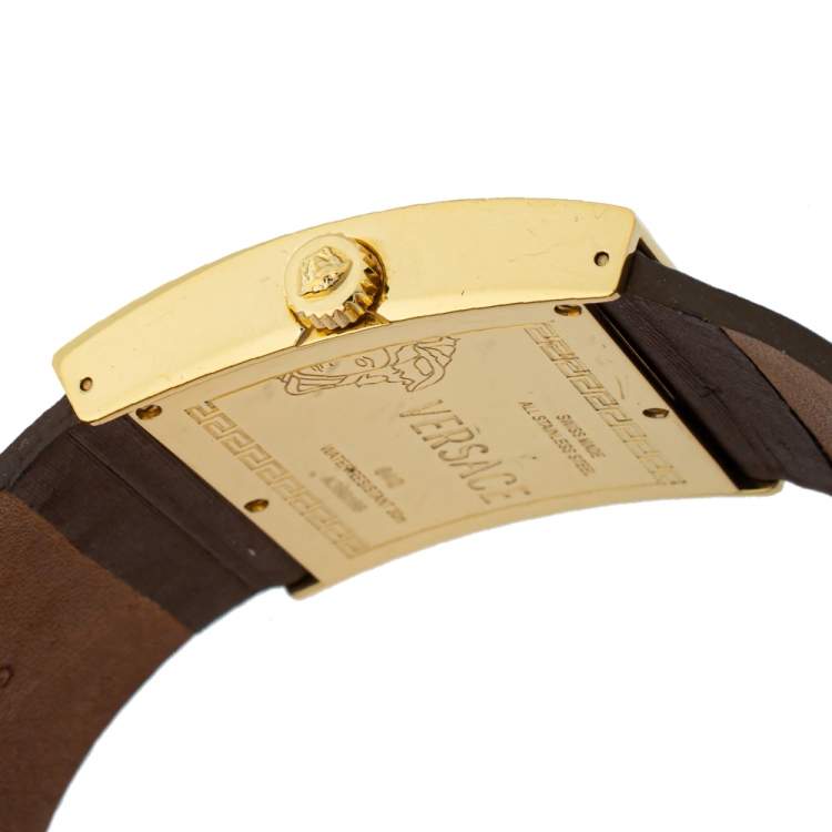 Pre Owned Versace White Yellow Gold Tone Stainless Steel V-Greca 64Q Women's Wristwatch 36 mm