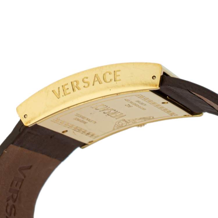 Pre Owned Versace White Yellow Gold Tone Stainless Steel V-Greca 64Q Women's Wristwatch 36 mm