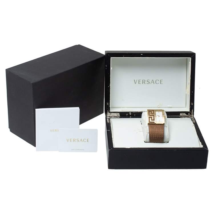 Pre Owned Versace White Yellow Gold Tone Stainless Steel V-Greca 64Q Women's Wristwatch 36 mm