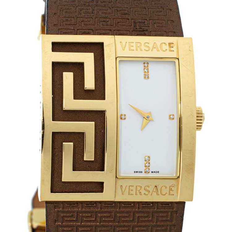 Pre Owned Versace White Yellow Gold Tone Stainless Steel V-Greca 64Q Women's Wristwatch 36 mm